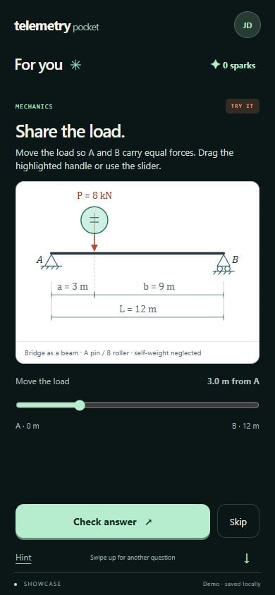 Current Pocket prototype: Share the load mission with a dimensioned bridge diagram and a slider to move the load